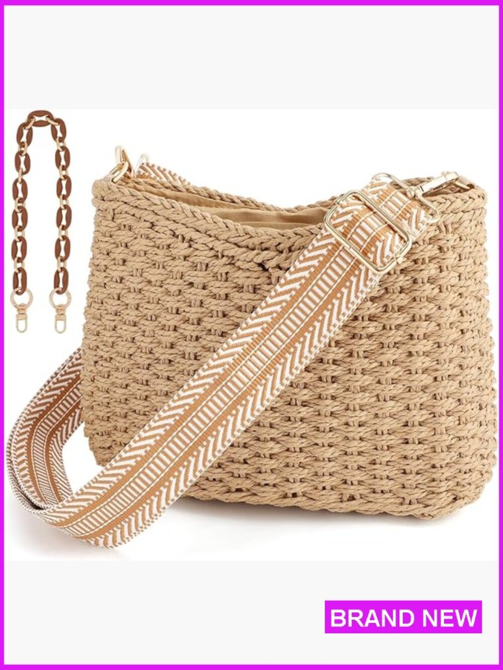 Straw Crossbody Bag Woven Tote Summer Beach Shoulder Handbag with Chain